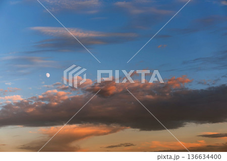 Crescent Moon in Twilight sky with Colorful Clouds 136634400