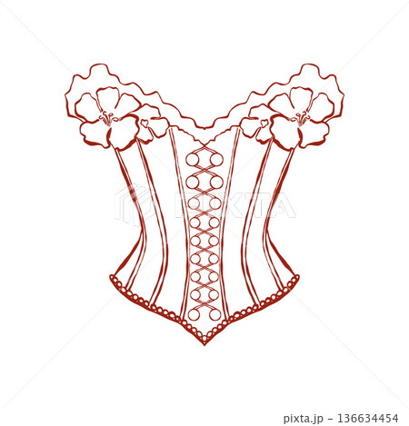 Vintage womens corset from the Baroque era. Rococo aesthetic. Hand-drawn line art depicting a corset with flowers in red color. Vector outline illustration. Vintage womens corset from the Baroque era. Rococo aesthetic. Hand-drawn line art depicting a corset with flowers in red color. Vector outline illustration. 136634454