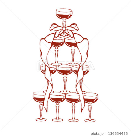 An elegant hand-drawn champagne tower with whimsical bow. Martini pyramid. Isolated vector red outline illustration. Festive alcoholic drinks An elegant hand-drawn champagne tower with whimsical bow. Martini pyramid. Isolated vector red outline illustration. Festive alcoholic drinks 136634456