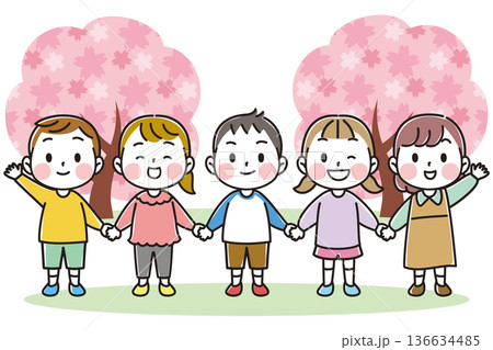 桜の下で手をつなぐ子供たちのイラスト 桜の下で手をつなぐ子供たちのイラスト 136634485