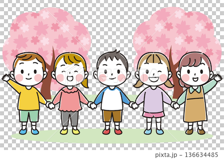 桜の下で手をつなぐ子供たちのイラスト 桜の下で手をつなぐ子供たちのイラスト 136634485
