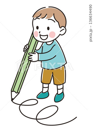 大きな鉛筆で線を描く男の子のイラスト 大きな鉛筆で線を描く男の子のイラスト 136634490