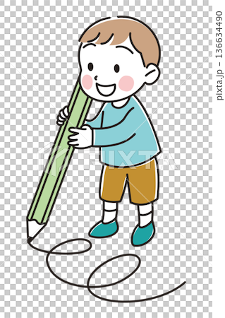 男孩用大鉛筆畫線的插圖 男孩用大鉛筆畫線的插圖 136634490
