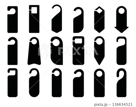Black door hanger set. Hotel room hangers, silhouettes icon templates for cut. Empty flyers for sale or discount, no disturb, clean my room, sapid vector set 136634521