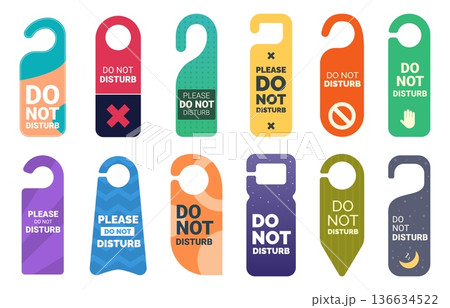 Do not disturb tags. Hotel door hangers, knob handles tag different design templates. Message to hotel staff, manager from a staying client, sapid vector clipart 136634522
