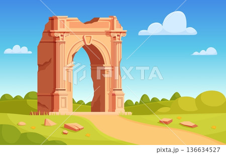 Ruined ancient greek landscape. Stone antique arch ruins, broken pillars. Historical place with roman architecture on green meadow, sapid vector scene 136634527