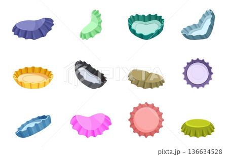 Bottle caps set. Cartoon cap for beer, soda, mineral water glass bottles. Broken used circle covers different positions, metal lids icons, sapid vector set Bottle caps set. Cartoon cap for beer, soda, mineral water glass bottles. Broken used circle covers different positions, metal lids icons, sapid vector set 136634528