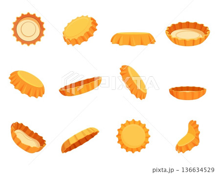 Cartoon yellow bottle caps. Metal cap from bottles, different positions. Broked, used and crumpled caps of mineral water, lemonade, beer, soda drinks, sapid vector set 136634529