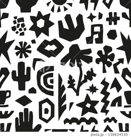 Black cut out seamless pattern. Abstract flowers, star, human hand, cup. Botanical print for fabric textile, wallpaper, wrapping, neoteric vector background Black cut out seamless pattern. Abstract flowers, star, human hand, cup. Botanical print for fabric textile, wallpaper, wrapping, neoteric vector background 136634530
