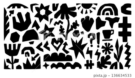 Black cutout elements. Cut out shapes, abstract stars, flowers, sun, heart. Natural figures, scandinavian style design, decorative art prints, neoteric vector clipart 136634533