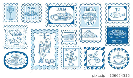 Italian food postmarks. Restaurant italy stamps, tasty mediterranean dishes. Pasta, pizza seafood, coffee. Touristic season labels doodle style neoteric vector set 136634536