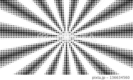 Halftone ray pattern creates dynamic sunburst effect. Retro comic book background with radiating beams, perfect for vintage carnival posters and pop art designs. 136634560