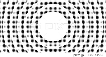 Halftone circle pattern with central frame creates abstract tech background. Dotted round design features radial waves and concentric rings for modern graphic projects. 136634562