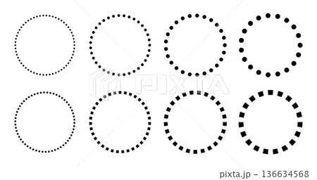 Round frame with broken line pattern and decorative dots. Clean circular border design ideal for badges, stickers, and contemporary graphic projects with geometric style. Round frame with broken line pattern and decorative dots. Clean circular border design ideal for badges, stickers, and contemporary graphic projects with geometric style. 136634568