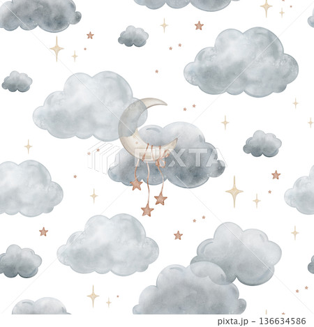Seamless pattern with Blue Grey Air Clouds and moon. Cute baby's repeat ornaments with stars Isolated hand drawn Watercolor illustration. Design for kids goods, textiles, children's room 136634586