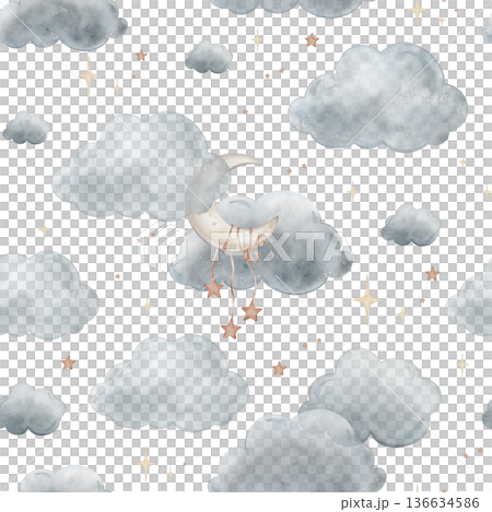 Seamless pattern with Blue Grey Air Clouds and moon. Cute baby's repeat ornaments with stars Isolated hand drawn Watercolor illustration. Design for kids goods, textiles, children's room 136634586