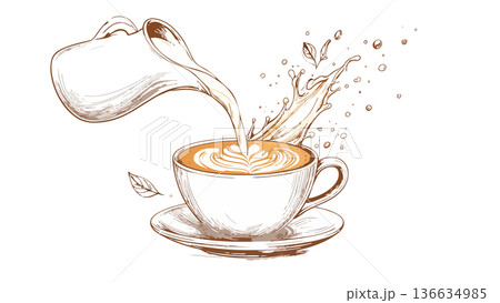 Milk pouring into coffee creating latte art splash Milk pouring into coffee creating latte art splash 136634985
