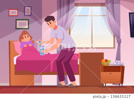 Sick child. Dad gives pill to sick daughter. vector home medical care from parents Sick child. Dad gives pill to sick daughter. vector home medical care from parents 136635127