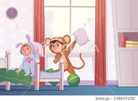 Pillow fighting. kids in pajamas jumping on beds. vector background Pillow fighting. kids in pajamas jumping on beds. vector background 136635130
