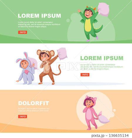 Pajamas party. kids in cute pajamas playing and fighting with pillows. vector horizontal banners 136635134