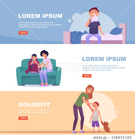 Children with colds. parents home care for ill kids. vector banners Children with colds. parents home care for ill kids. vector banners 136635183