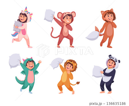 Pajama party. Kids in funny colored costumes pajamas suits for sleeping exact vector pillow battle ready Pajama party. Kids in funny colored costumes pajamas suits for sleeping exact vector pillow battle ready 136635186