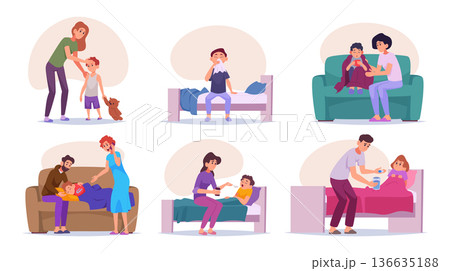 Sick children. Ill kids at home exact vector family protect children from diseases Sick children. Ill kids at home exact vector family protect children from diseases 136635188