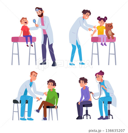 Pediatrician. Little characters kids consult in medic cabinet family doctor exact vector template set Pediatrician. Little characters kids consult in medic cabinet family doctor exact vector template set 136635207