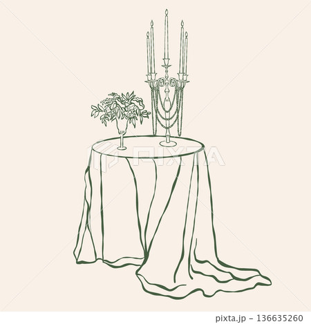 Romantic dinner.Table with flowers, candelabra, and candles. Illustration for Valentines Day, weddings, or birthdays. Green vector outline illustration on a beige background. Romantic dinner.Table with flowers, candelabra, and candles. Illustration for Valentines Day, weddings, or birthdays. Green vector outline illustration on a beige background. 136635260