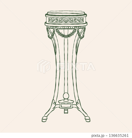 Hand-drawn sketch of an antique table in the Baroque or Rococo style. Vector illustration of retro furniture. Classic coffee table clipart. Vintage interior accessory. 136635261