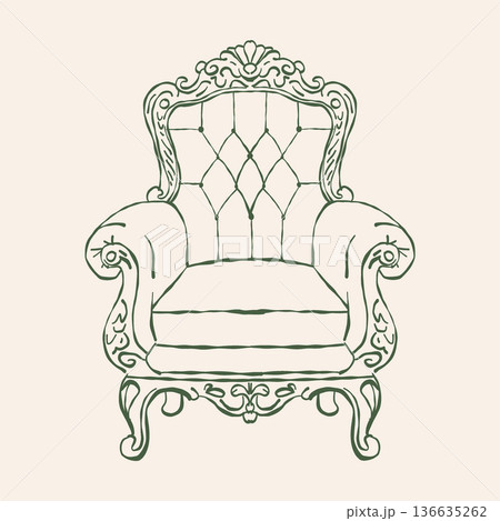 Classic vintage armchair. Romantic interior. Baroque and Rococo styles. Classic upholstered furniture. Green vector outline clipart. Retro hand-drawn illustration. 136635262