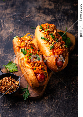 Traditional american street food hot dog 136635335