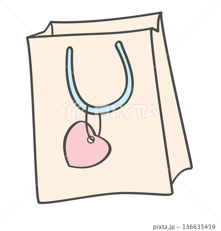Paper shopping bag with heart tag isolated on white background. Flat line vector illustration. 136635459