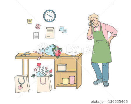 Male florist standing near table and talking on smartphone. Flat line vector illustration. 136635466