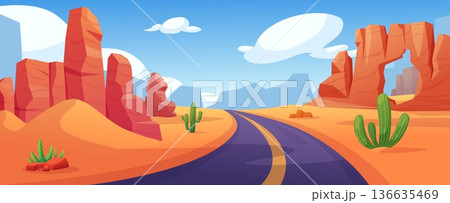 Desert with road. Asphalt highway in savannah, landscape arizona, africa, texas or mexico. Sand dunes, sunburst cracked rocks, cactus, nowaday vector scene Desert with road. Asphalt highway in savannah, landscape arizona, africa, texas or mexico. Sand dunes, sunburst cracked rocks, cactus, nowaday vector scene 136635469