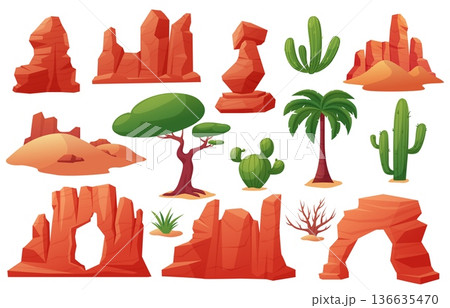 Desert landscape elements. Sunburned rocks and mountains, oasis tree, palms and cactus. Sand hill with cracked stones and dunes, nowaday vector clipart Desert landscape elements. Sunburned rocks and mountains, oasis tree, palms and cactus. Sand hill with cracked stones and dunes, nowaday vector clipart 136635470