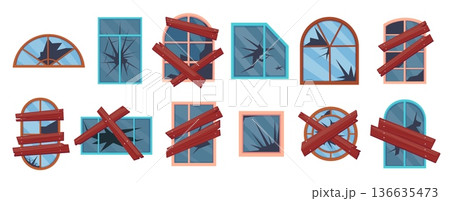 Cartoon broken windows. Abandoned house window with cracked glass and damage frame. Damaged building facade glazed with nailed wooden planks, nowaday vector set 136635473