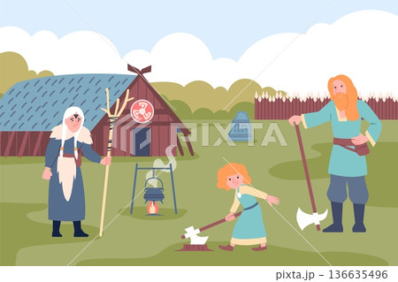 Viking life scene. Old woman, man and child with axe. Scandinavian characters in traditional village. Barbarian girl play in yard, recent vector landscape 136635496