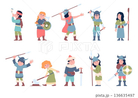 Viking children. Kids play scandinavian warriors, wearing traditional clothes, holding weapons, axe, sword. Flat little native north characters, recent vector set 136635497