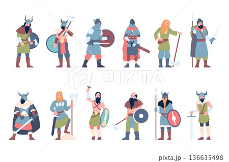 Viking warrior characters. Scandinavian vikings in traditional clothes, beards, armors and weapons. North warriors, flat historical heroes, recent vector set Viking warrior characters. Scandinavian vikings in traditional clothes, beards, armors and weapons. North warriors, flat historical heroes, recent vector set 136635498