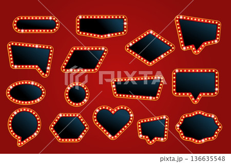 Bulb signage frames. Marquee empty signboard frame, retro sign board light bulbs lamps different frames vintage carnival festival circus fair banners set kicky vector illustration 136635548