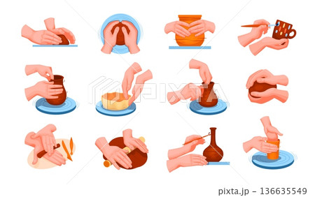 Hands make pottery. Clay ceramic making molding wheel craftsmanship, handmade traditional paint art potter craftsman sculpture bowl pot vase pottery qualitative vector illustration Hands make pottery. Clay ceramic making molding wheel craftsmanship, handmade traditional paint art potter craftsman sculpture bowl pot vase pottery qualitative vector illustration 136635549