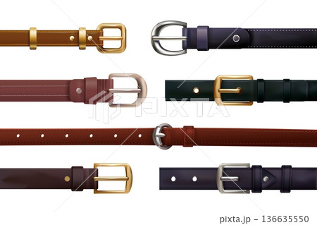 Realistic leather belts. Isolated leather belt with metal buckle, leathers horizontal strips black brown strip for fashion clothes men women jeans pants, exact vector illustration 136635550
