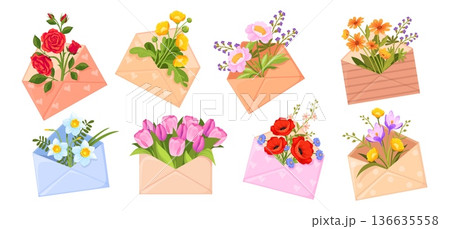 Cartoon flowers envelope. Spring flower inside paper envelopes, wildflowers tulips bouquet romantic letter mail valentine mothers woman day concept, floral neat vector illustration 136635558
