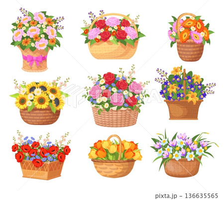 Cartoon flowers basket. Flowers bouquet in wicker baskets and bucket, flower shop florist market bunches wildflowers floral wedding decoration woman gift, neat vector illustration Cartoon flowers basket. Flowers bouquet in wicker baskets and bucket, flower shop florist market bunches wildflowers floral wedding decoration woman gift, neat vector illustration 136635565