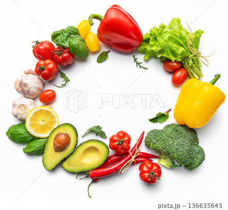 Fresh vegetables forming circle frame on white background Fresh vegetables forming circle frame on white background 136635643