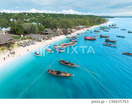Aerial view of tourist boats and traditional fishing boats in sea Aerial view of tourist boats and traditional fishing boats in sea 136635763
