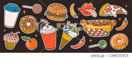 fast food cartoon sticker set with burgers donuts, pizza, hot dog, coffee and sweets on dark background. Fast food cartoon vector elements line sticker style. Stickers, packaging, branding, menus 136635855