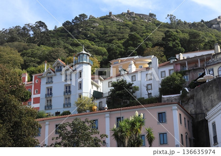 Romantic architecture of Sintra with the Moorish Castle on the hilltop. Romantic architecture of Sintra with the Moorish Castle on the hilltop. 136635974