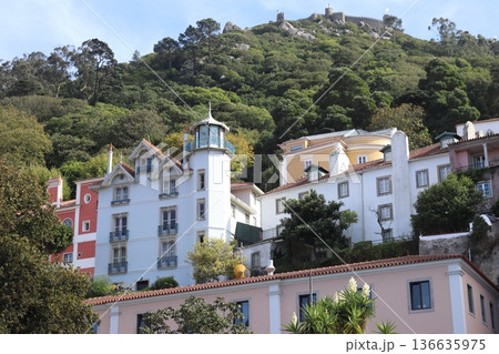 Romantic architecture of Sintra with the Moorish Castle on the hilltop. 136635975